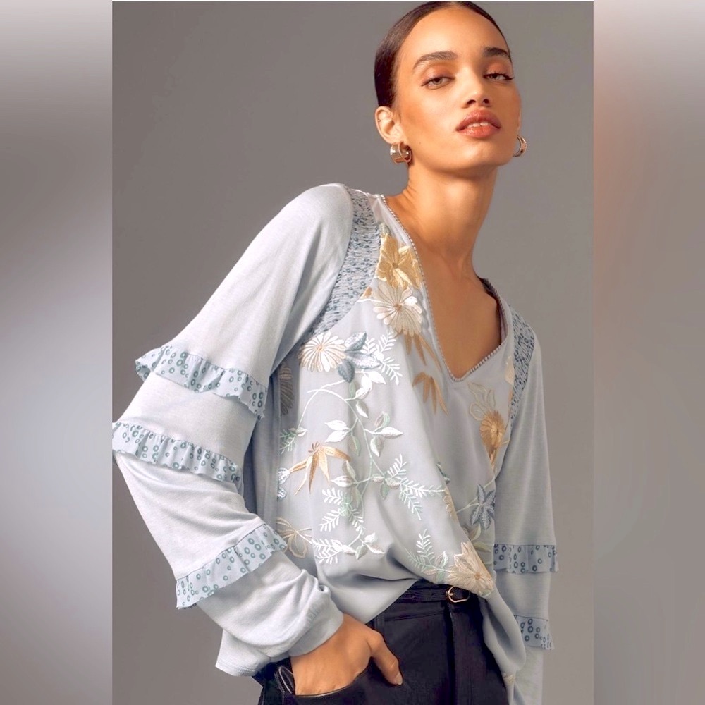 Anthropologie Pale Blue Embroidered Floral V-Neck Blouse